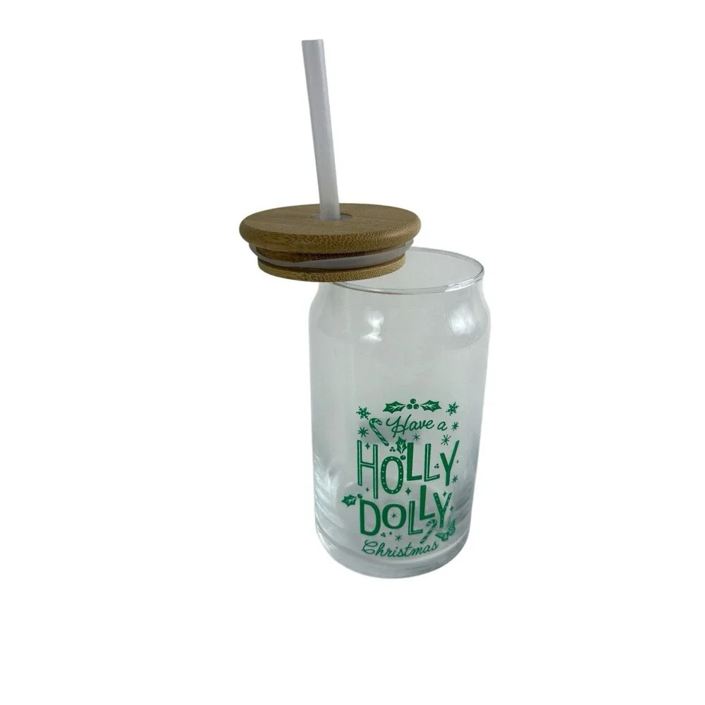 Dolly Parton Holiday Glass  “Have A Holly Dolly Christmas”  Lid with Straw  NEW